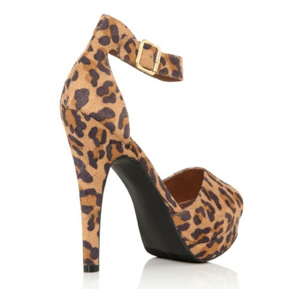 JUSTFAB Faux Suede Animal Print Heels Ankle Strap Black Brown - Picture 2 of 12
